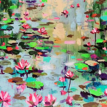 "Lake with water lil…" başlıklı Tablo Aliaksandra Tsesarskaya tarafından, Orijinal sanat, Akrilik Ahşap Sedye çerçevesi üzer…