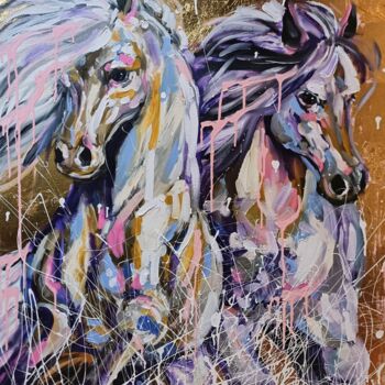 Peinture intitulée "White horses in wat…" par Aliaksandra Tsesarskaya, Œuvre d'art originale, Acrylique Monté sur Châssis en…