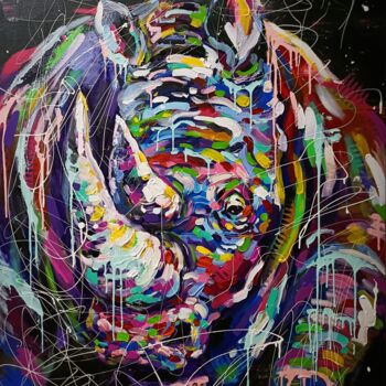Painting titled "Rhinoceros - colorf…" by Aliaksandra Tsesarskaya, Original Artwork, Acrylic Mounted on Wood Stretcher frame