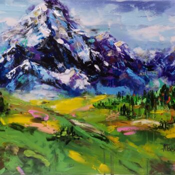 Pintura titulada "Landscape with moun…" por Aliaksandra Tsesarskaya, Obra de arte original, Acrílico Montado en Bastidor de…