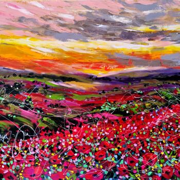Pintura titulada "Sunset in poppies f…" por Aliaksandra Tsesarskaya, Obra de arte original, Acrílico Montado en Bastidor de…