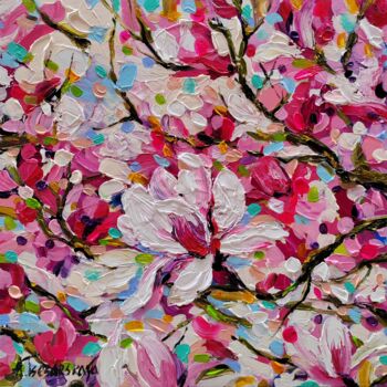 Malerei mit dem Titel "Magnolias field - s…" von Aliaksandra Tsesarskaya, Original-Kunstwerk, Acryl Auf Keilrahmen aus Holz…