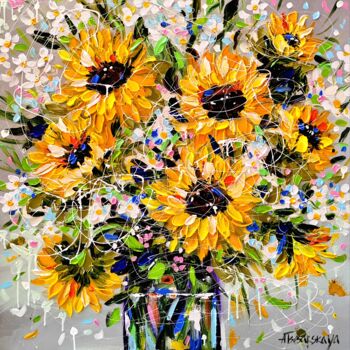 Malarstwo zatytułowany „Sunflowers in vase” autorstwa Aliaksandra Tsesarskaya, Oryginalna praca, Akryl Zamontowany na Drewni…