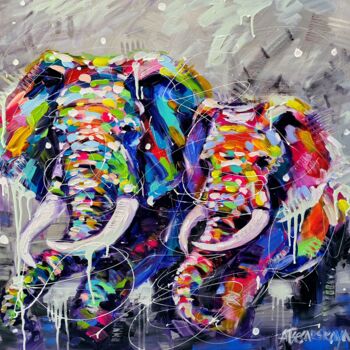 Malerei mit dem Titel "Wild elephants - co…" von Aliaksandra Tsesarskaya, Original-Kunstwerk, Acryl Auf Keilrahmen aus Holz…