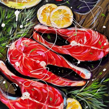 Malerei mit dem Titel "Salmón - food paint…" von Aliaksandra Tsesarskaya, Original-Kunstwerk, Acryl Auf Keilrahmen aus Holz…