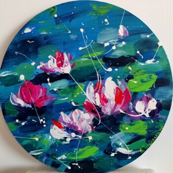 Painting titled "Lilies - lilies in…" by Aliaksandra Tsesarskaya, Original Artwork, Acrylic Mounted on Wood Stretcher frame