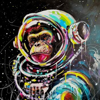 Painting titled "Monkey astronaut" by Aliaksandra Tsesarskaya, Original Artwork, Acrylic Mounted on Wood Stretcher frame