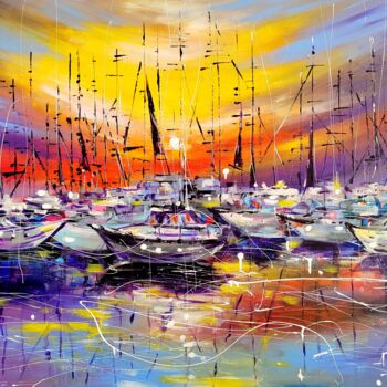 Картина под названием "Sunset with sailboa…" - Aliaksandra Tsesarskaya, Подлинное произведение искусства, Акрил Установлен н…