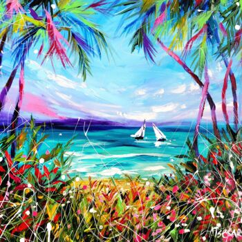 Painting titled "Palm trees, beach,…" by Aliaksandra Tsesarskaya, Original Artwork, Acrylic Mounted on Wood Stretcher frame