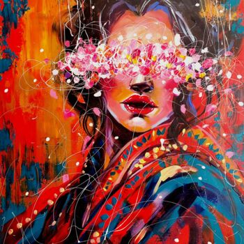 Peinture intitulée "Geisha - colorful p…" par Aliaksandra Tsesarskaya, Œuvre d'art originale, Acrylique Monté sur Châssis en…