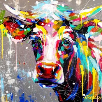Painting titled "Colorful cow portra…" by Aliaksandra Tsesarskaya, Original Artwork, Acrylic Mounted on Wood Stretcher frame