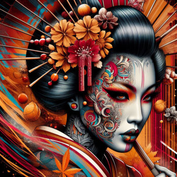 Arte digitale intitolato "La geisha des journ…" da Tsuiho, Opera d'arte originale, Immagine generata dall'IA