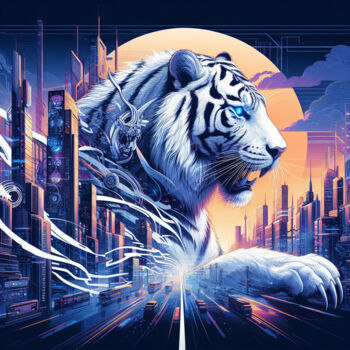 Arts numériques intitulée "La lune du tigre bl…" par Tsuiho, Œuvre d'art originale, Image générée par l'IA