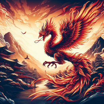 Digitale Kunst getiteld "L'aube du Phoenix" door Tsuiho, Origineel Kunstwerk, AI gegenereerde afbeelding