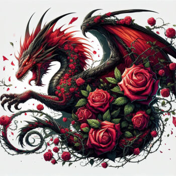 Arte digitale intitolato "Dragon rouge et pri…" da Tsuiho, Opera d'arte originale, Immagine generata dall'IA