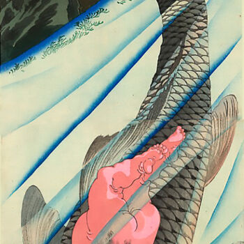 Printmaking titled "La carpe géante" by Tsukioka Yoshitoshi, Original Artwork, Xylography
