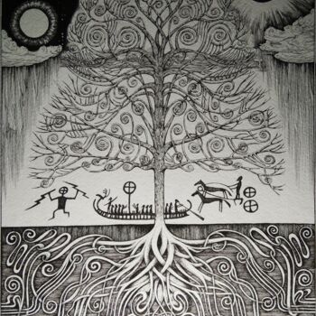 Disegno intitolato "World Tree" da Kirill Chasovskikh, Opera d'arte originale, Inchiostro