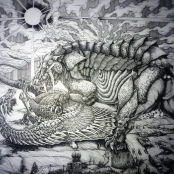 Disegno intitolato "Begemoth vs Leviath…" da Kirill Chasovskikh, Opera d'arte originale, Inchiostro