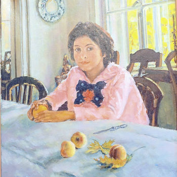 Painting titled "Girl with peaches.j…" by Vladislav Tushnin, Original Artwork, Oil