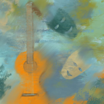 Digital Arts titled "Guitar and masks fa…" by Vladimir Tuzlay, Original Artwork, Digital Painting