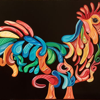 Painting titled "coq-colore.jpg" by Tykamao, Original Artwork, Oil