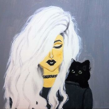 Painting titled "Woman with a cat" by Tzina Tsaou, Original Artwork, Acrylic