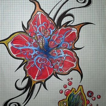 Schilderij getiteld "Flower Tattoo in Co…" door Ueli Ottiger, Origineel Kunstwerk