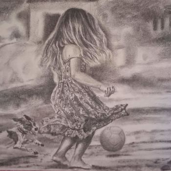 Drawing titled "Menina jogando bola" by Uendell Rocha, Original Artwork, Charcoal