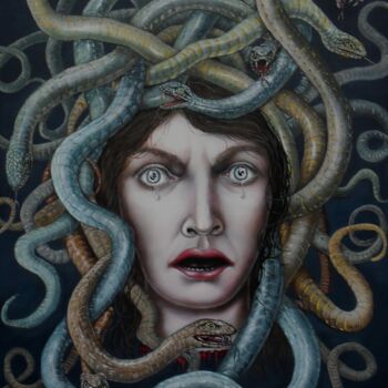 Schilderij getiteld "Medusa" door Uko Post, Origineel Kunstwerk, Olie Gemonteerd op Frame voor houten brancard