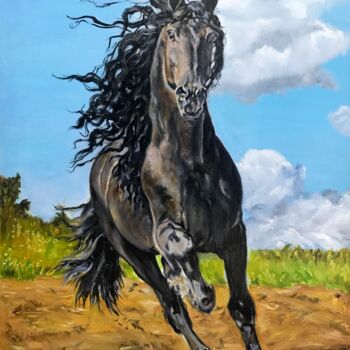 Painting titled "Running horse" by Ukranian Artists, Original Artwork, Oil Mounted on Wood Stretcher frame
