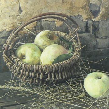 Painting titled "Panier de pommes" by Uladzimir Anishchanka, Original Artwork, Oil Mounted on Wood Stretcher frame
