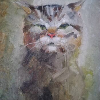 Painting titled "Brazen Cat -)" by Iuliia Moreva, Original Artwork, Oil Mounted on Wood Stretcher frame
