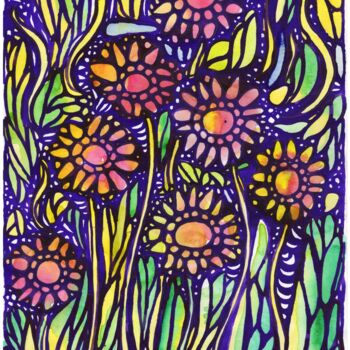 Pintura intitulada "Flower mosaic" por Ulia Nagornaa, Obras de arte originais, Aquarela