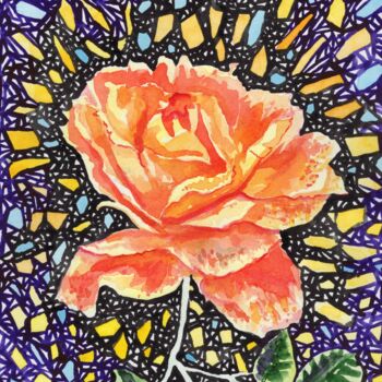 Картина под названием "Yellow-orange rose" - Юлия Нагорная, Подлинное произведение искусства, Акварель