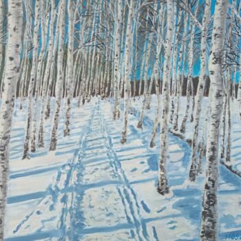 Картина под названием "Winter birches" - Ulia Vasina, Подлинное произведение искусства, Акрил Установлен на картон