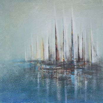 Painting titled "Misty Dawn: Sailing…" by Uliana Saiapina, Original Artwork, Plaster Mounted on Wood Stretcher frame