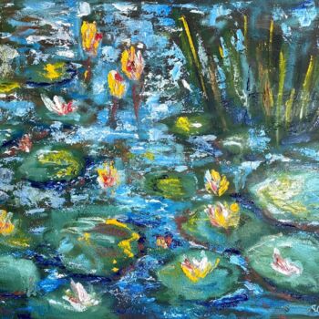 Painting titled "Water Lilies in Blo…" by Uliana Titova, Original Artwork, Oil Mounted on Wood Stretcher frame