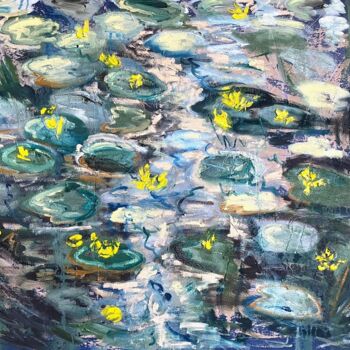 Painting titled "Pond with yellow wa…" by Uliana Titova, Original Artwork, Oil Mounted on Wood Stretcher frame