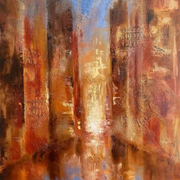 Painting titled "Evening New York" by Uliana Titova, Original Artwork, Oil Mounted on Wood Stretcher frame