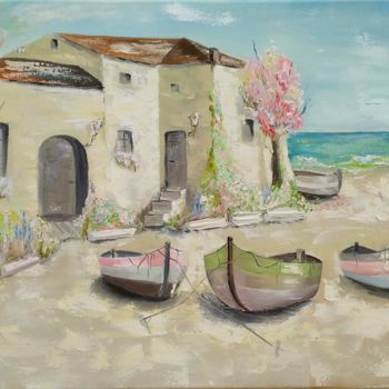 Painting titled "Fishing village" by Julianna Tulinova, Original Artwork, Oil