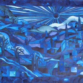 Pintura titulada "Blaue Landschaft" por Ulli Heupel, Obra de arte original, Oleo
