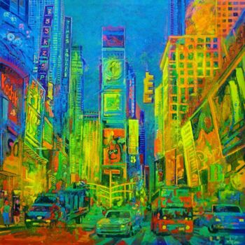 Schilderij getiteld "Times Square 3T" door Ulpiano Carrasco, Origineel Kunstwerk, Olie Gemonteerd op Frame voor houten branc…