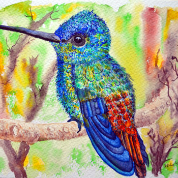 Malerei mit dem Titel "Kolibri in schiller…" von Ulrike Kröll, Original-Kunstwerk, Aquarell