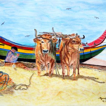 Malerei mit dem Titel "Algarvefischer" von Ulrike Kröll, Original-Kunstwerk, Pastell