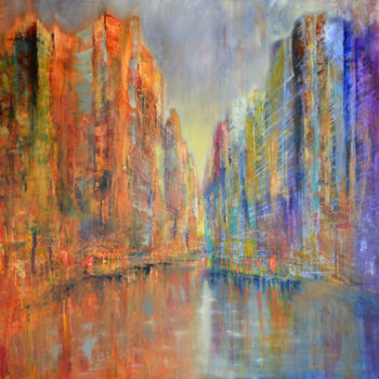 Painting titled "Skyline am Fluss" by Ulrike Kröll, Original Artwork, Oil