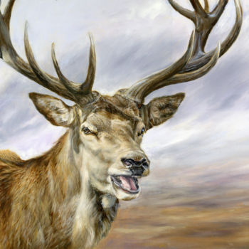 Schilderij getiteld "Red deer stag Cairn…" door Una Hurst, Origineel Kunstwerk, Olie