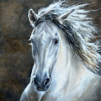 Painting titled "Andalusian horse" by Una Hurst, Original Artwork, Oil Mounted on Wood Stretcher frame