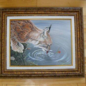 Pintura intitulada "Lynx à l'étang" por Unknown Artist, Obras de arte originais