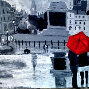Painting titled "Red umbrella at Tra…" by Unknown Artist, Original Artwork, Oil