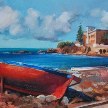 Painting titled "Red boat on the sea…" by Unknown Artist, Original Artwork, Oil